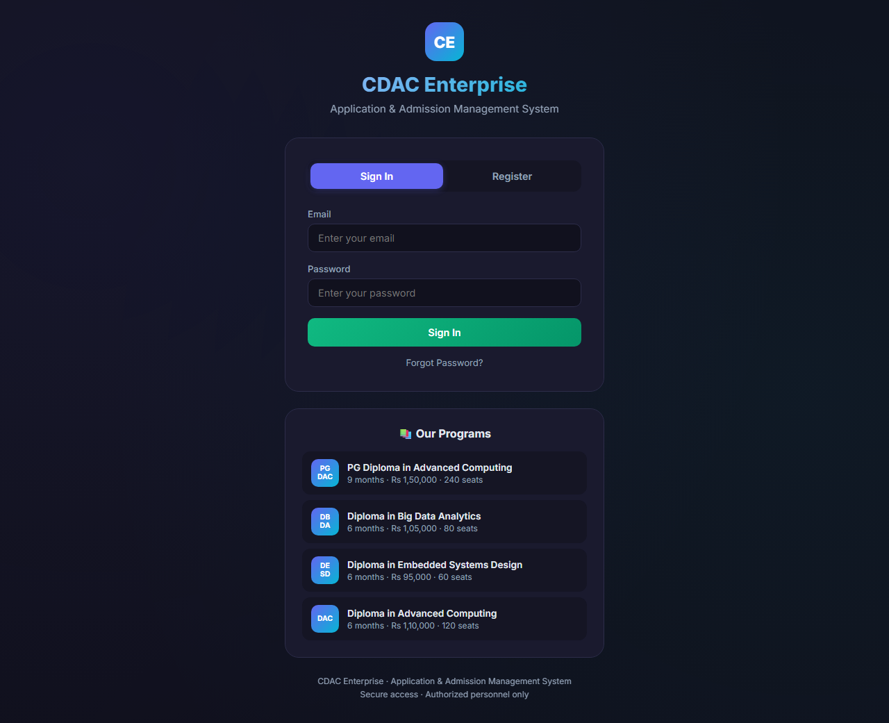CDAC Website & Application screenshot